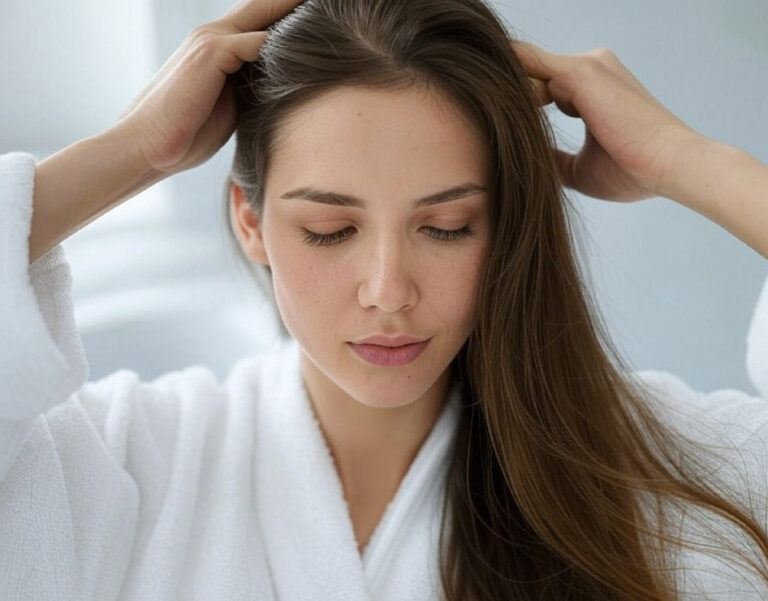 Pretty young female adjusting her long brown hair