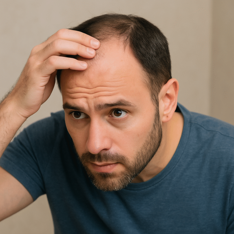 Photo of man inspecting his baldness in a mirror